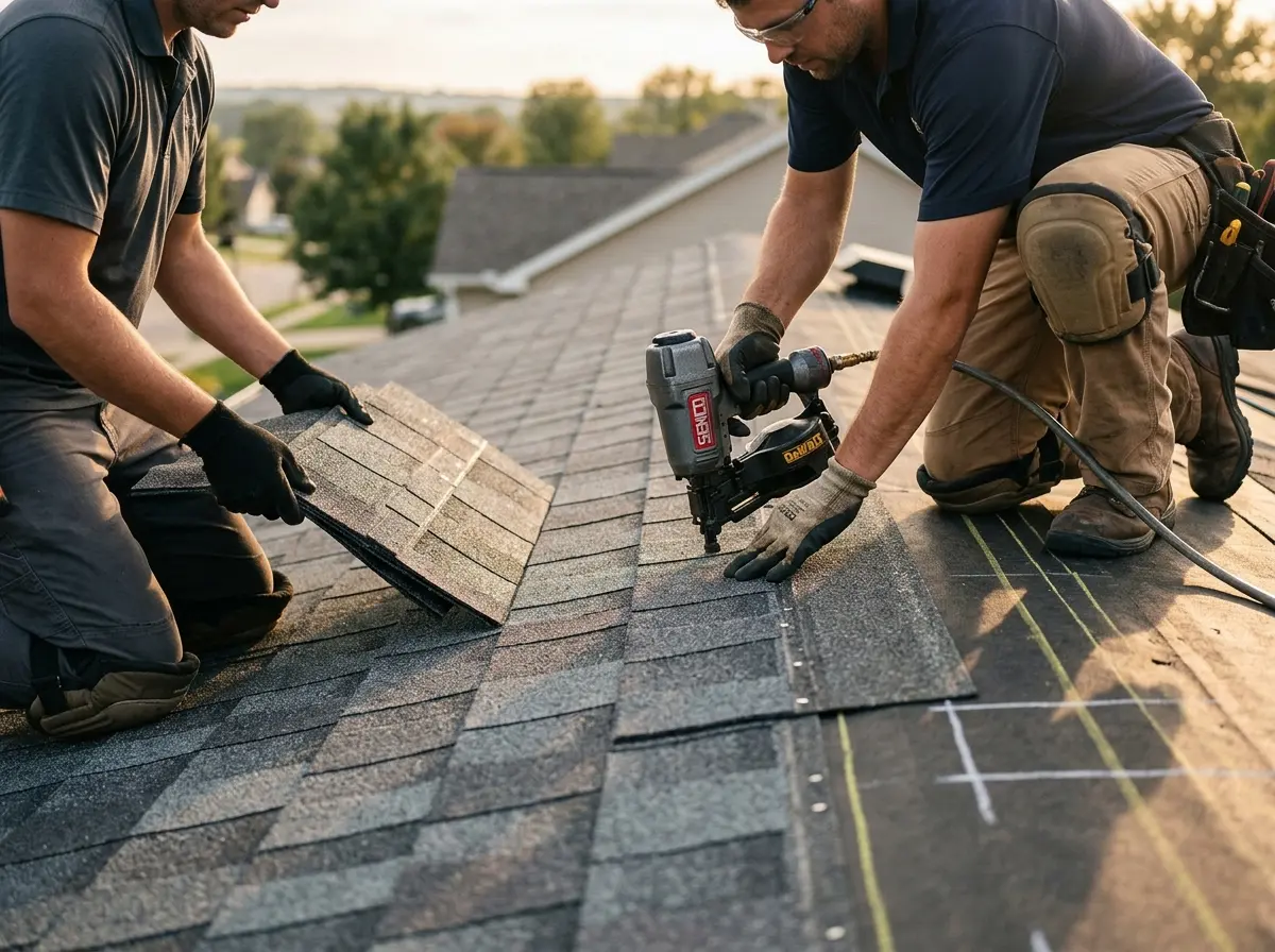 Professional roofer working on a residential roof in Chestnut Ridge